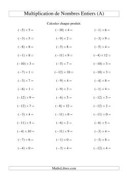 Multiplication de nombres entiers -- Négatif multiplié par positif (45 par page)