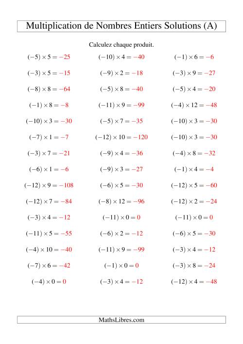 Multiplication de nombres entiers -- Négatif multiplié par positif (45 par page) (A) page 2