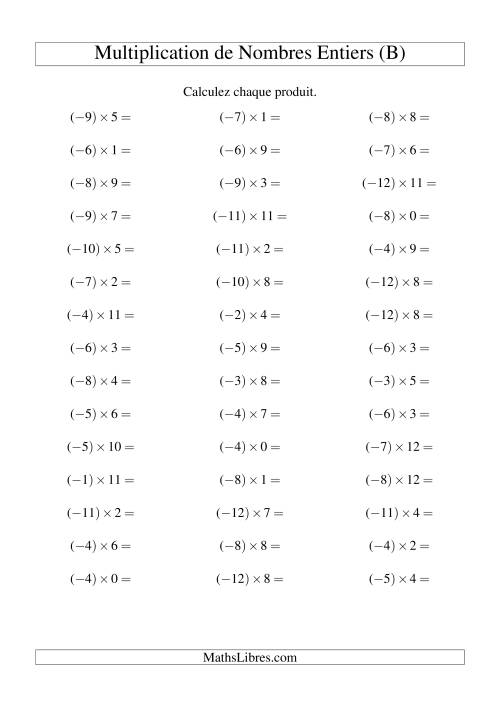 Multiplication de nombres entiers -- Négatif multiplié par positif (45 par page) (B)