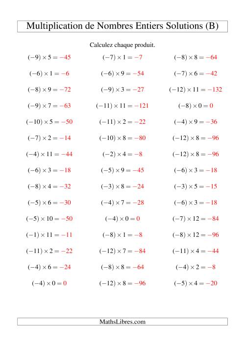 Multiplication de nombres entiers -- Négatif multiplié par positif (45 par page) (B) page 2