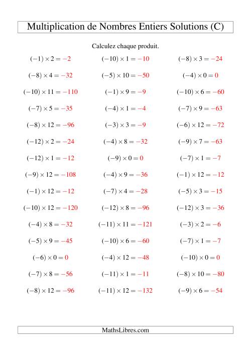 Multiplication de nombres entiers -- Négatif multiplié par positif (45 par page) (C) page 2