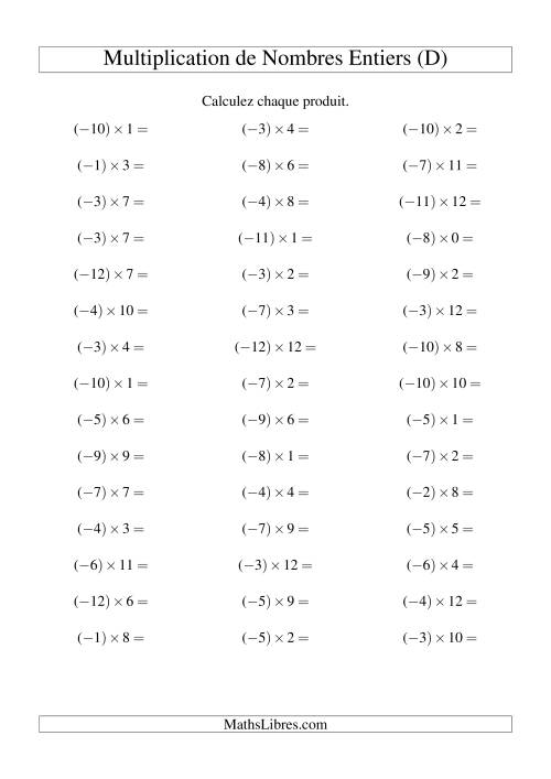 Multiplication de nombres entiers -- Négatif multiplié par positif (45 par page) (D)