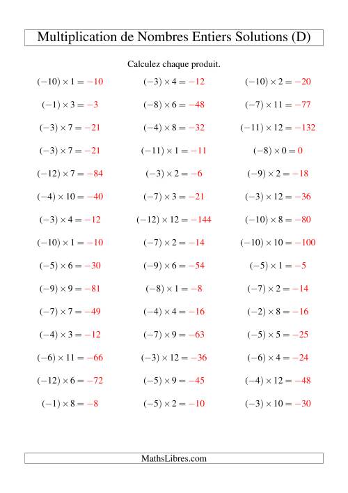 Multiplication de nombres entiers -- Négatif multiplié par positif (45 par page) (D) page 2