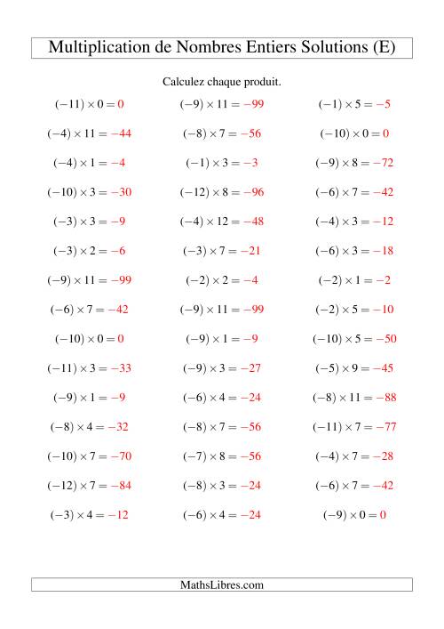Multiplication de nombres entiers -- Négatif multiplié par positif (45 par page) (E) page 2
