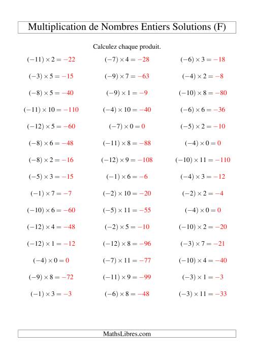 Multiplication de nombres entiers -- Négatif multiplié par positif (45 par page) (F) page 2