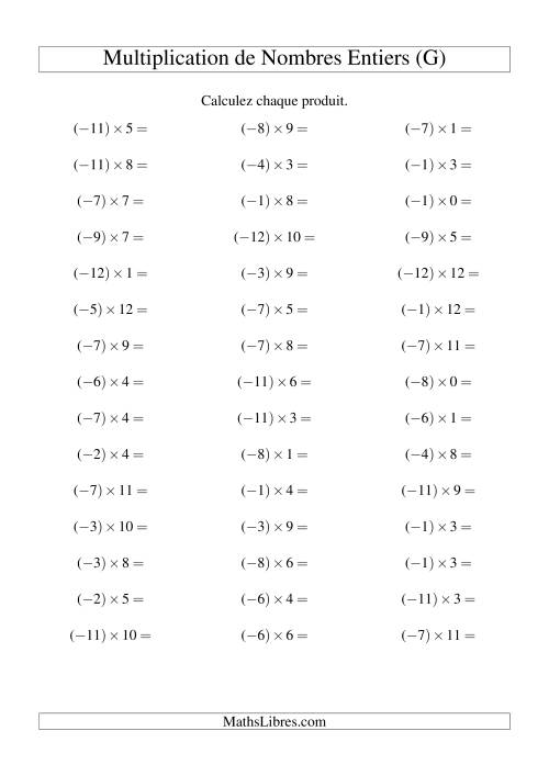 Multiplication de nombres entiers -- Négatif multiplié par positif (45 par page) (G)