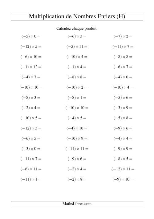 Multiplication de nombres entiers -- Négatif multiplié par positif (45 par page) (H)