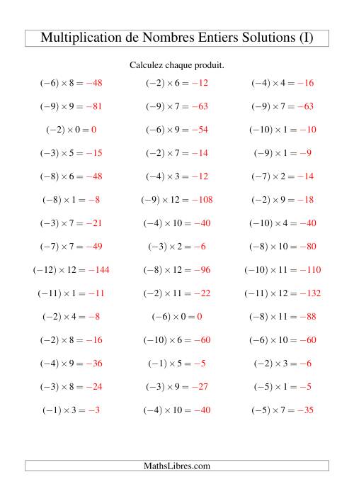 Multiplication de nombres entiers -- Négatif multiplié par positif (45 par page) (I) page 2