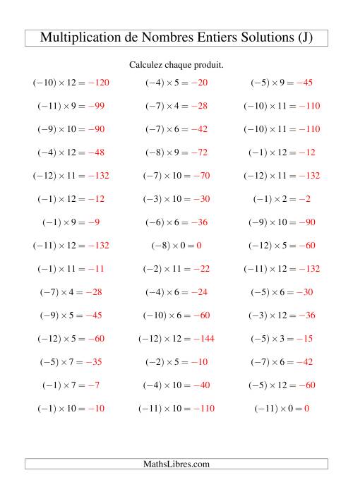 Multiplication de nombres entiers -- Négatif multiplié par positif (45 par page) (J) page 2