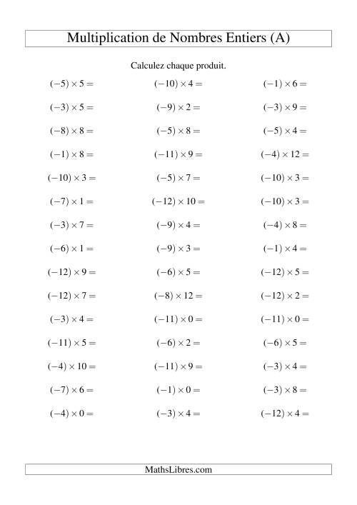 Multiplication de nombres entiers -- Négatif multiplié par positif (45 par page) (Tout)