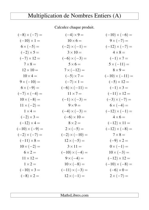 Multiplication de nombres entiers de (-12) à 12 (75 par page) (A)