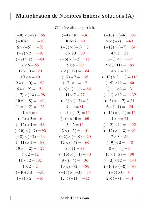 Multiplication de nombres entiers de (-12) à 12 (75 par page) (A) page 2