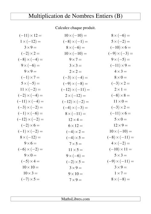 Multiplication de nombres entiers de (-12) à 12 (75 par page) (B)