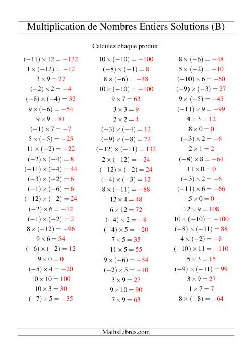 Multiplication de nombres entiers de (-12) à 12 (75 par page) (B) page 2