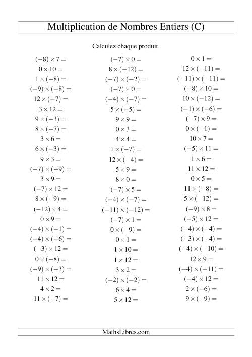 Multiplication de nombres entiers de (-12) à 12 (75 par page) (C)