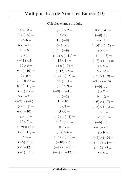 Multiplication de nombres entiers de (-12) à 12 (75 par page) (D)
