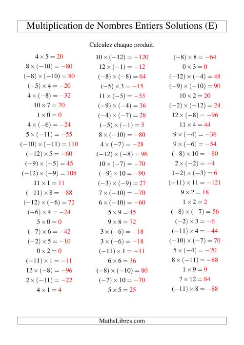 Multiplication de nombres entiers de (-12) à 12 (75 par page) (E) page 2