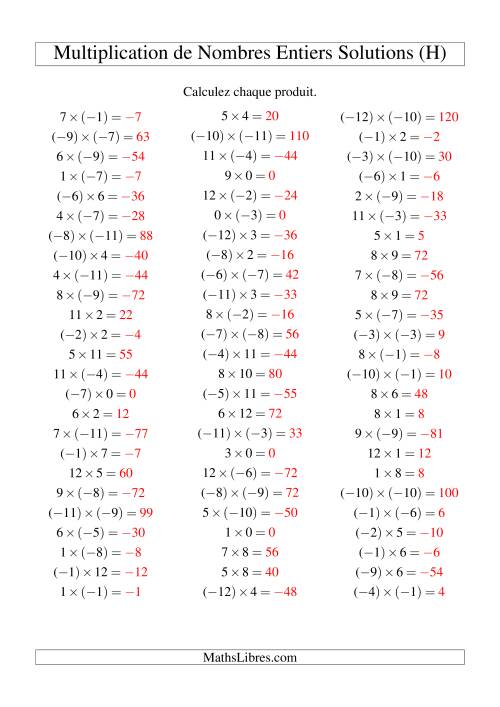 Multiplication de nombres entiers de (-12) à 12 (75 par page) (H) page 2