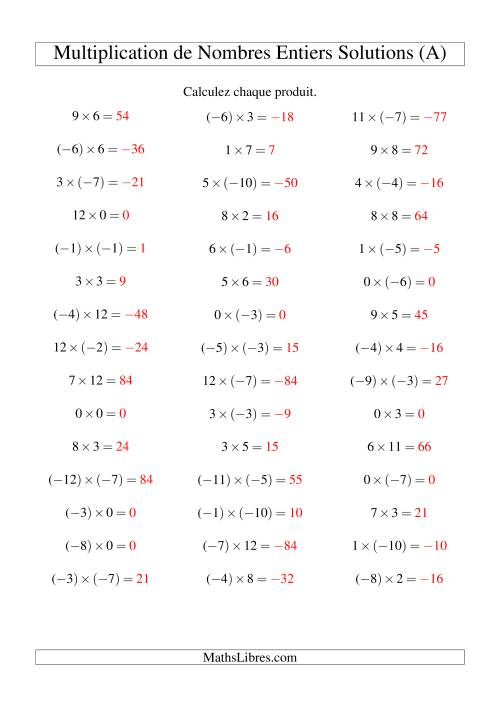 Multiplication de nombres entiers de (-12) à 12 (45 par page) (A) page 2