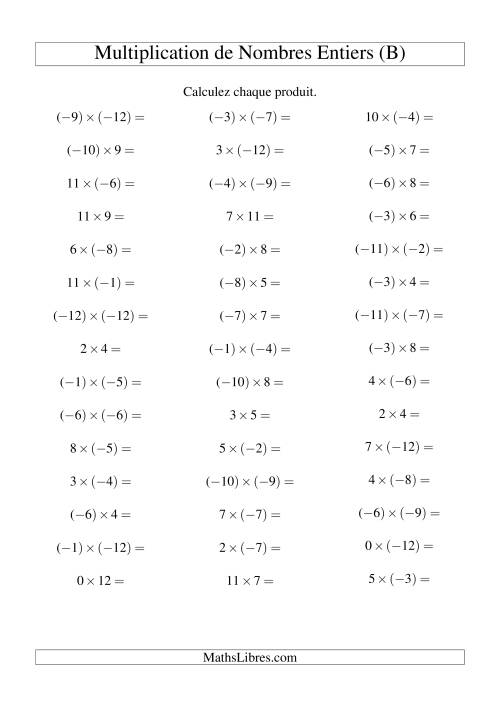 Multiplication de nombres entiers de (-12) à 12 (45 par page) (B)