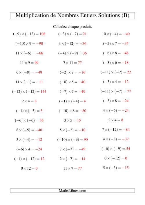 Multiplication de nombres entiers de (-12) à 12 (45 par page) (B) page 2
