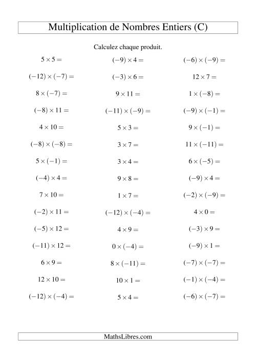 Multiplication de nombres entiers de (-12) à 12 (45 par page) (C)