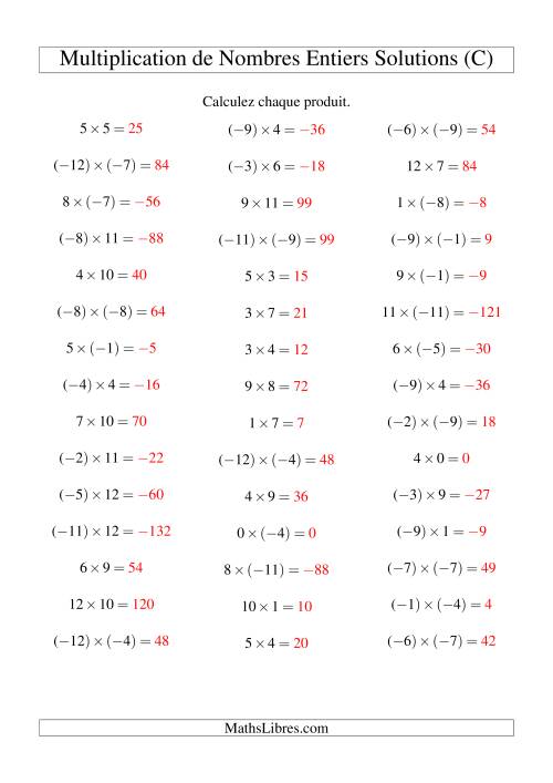 Multiplication de nombres entiers de (-12) à 12 (45 par page) (C) page 2