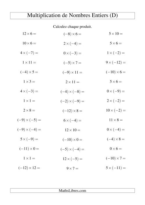 Multiplication de nombres entiers de (-12) à 12 (45 par page) (D)