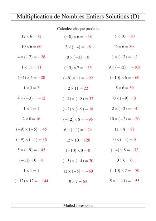 Multiplication de nombres entiers de (-12) à 12 (45 par page) (D) page 2