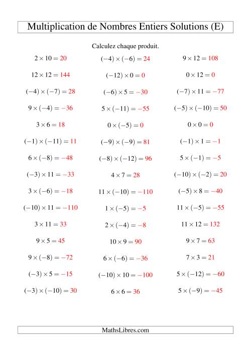 Multiplication de nombres entiers de (-12) à 12 (45 par page) (E) page 2