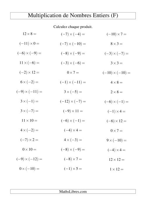 Multiplication de nombres entiers de (-12) à 12 (45 par page) (F)