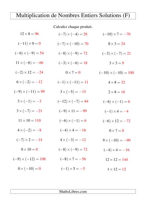 Multiplication de nombres entiers de (-12) à 12 (45 par page) (F) page 2