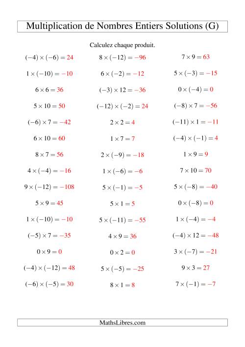 Multiplication de nombres entiers de (-12) à 12 (45 par page) (G) page 2