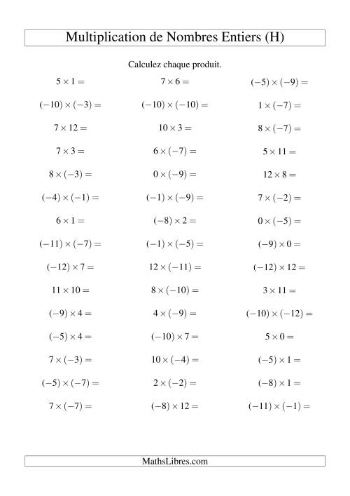 Multiplication de nombres entiers de (-12) à 12 (45 par page) (H)