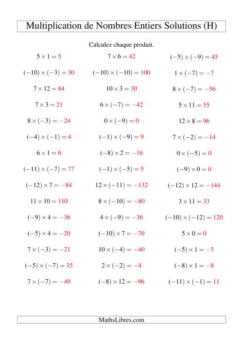 Multiplication de nombres entiers de (-12) à 12 (45 par page) (H) page 2