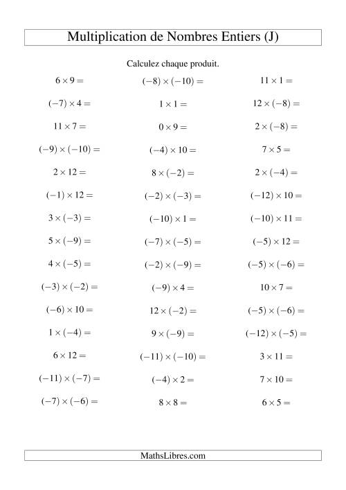 Multiplication de nombres entiers de (-12) à 12 (45 par page) (J)