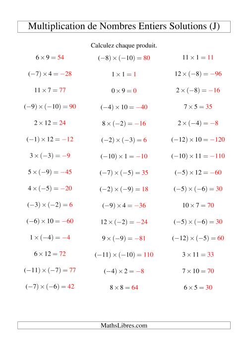 Multiplication de nombres entiers de (-12) à 12 (45 par page) (J) page 2