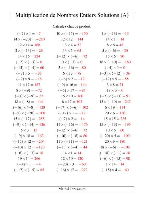 Multiplication de nombres entiers de (-20) à 20 (75 par page) (A) page 2