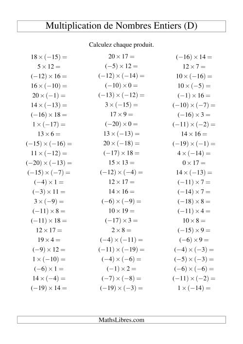 Multiplication de nombres entiers de (-20) à 20 (75 par page) (D)