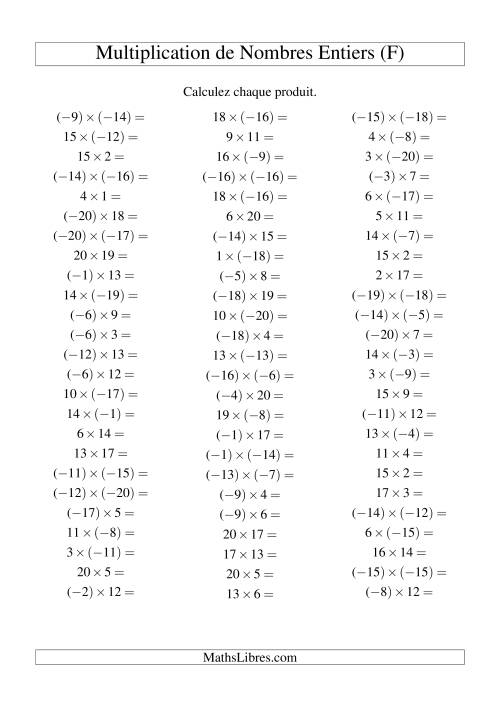 Multiplication de nombres entiers de (-20) à 20 (75 par page) (F)