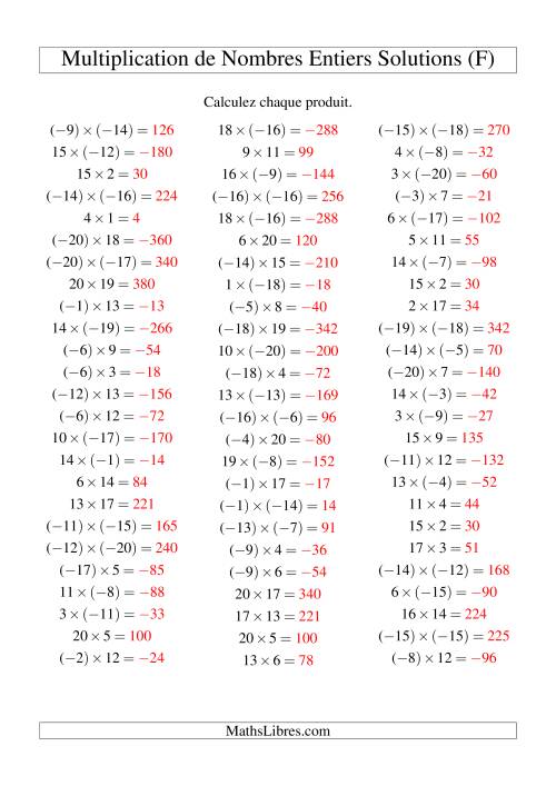 Multiplication de nombres entiers de (-20) à 20 (75 par page) (F) page 2