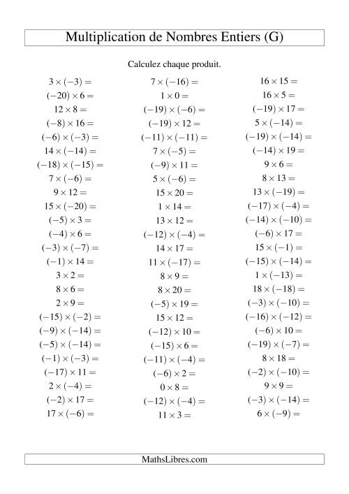 Multiplication de nombres entiers de (-20) à 20 (75 par page) (G)