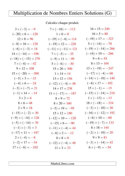 Multiplication de nombres entiers de (-20) à 20 (75 par page) (G) page 2