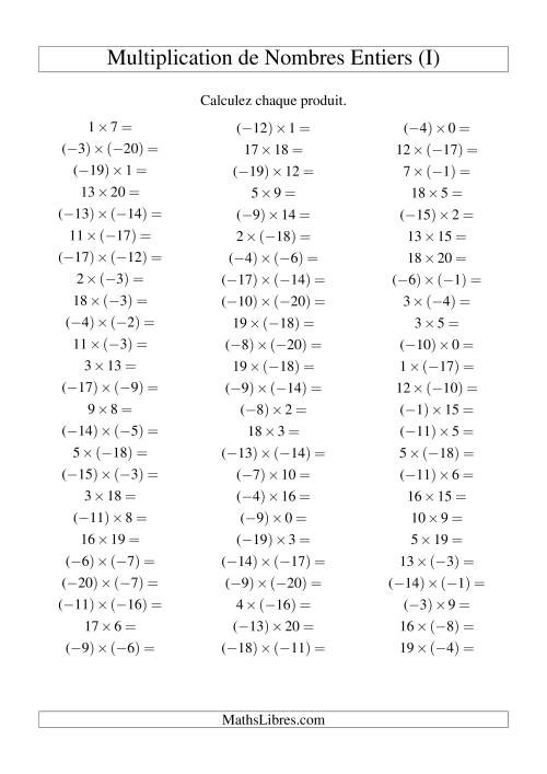 Multiplication de nombres entiers de (-20) à 20 (75 par page) (I)