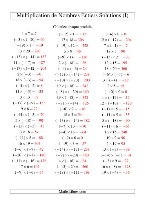 Multiplication de nombres entiers de (-20) à 20 (75 par page) (I) page 2