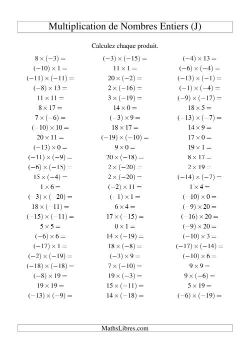 Multiplication de nombres entiers de (-20) à 20 (75 par page) (J)