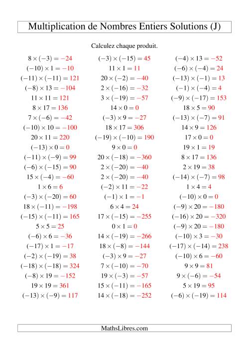 Multiplication de nombres entiers de (-20) à 20 (75 par page) (J) page 2