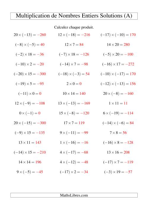 Multiplication de nombres entiers de (-20) à 20 (45 par page) (A) page 2
