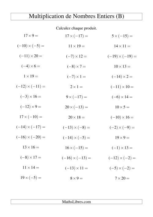 Multiplication de nombres entiers de (-20) à 20 (45 par page) (B)