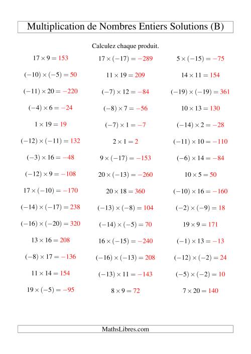 Multiplication de nombres entiers de (-20) à 20 (45 par page) (B) page 2